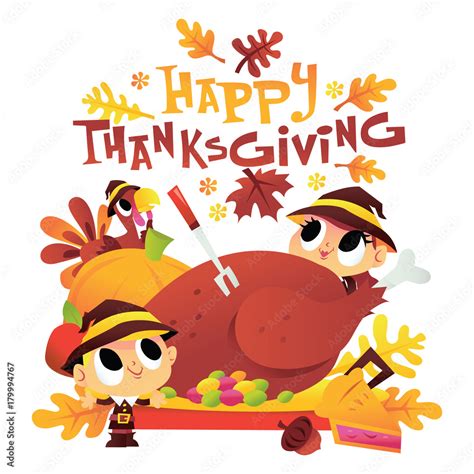 Cartoon Pilgrim Kids Around Turkey Dinner With Happy Thanksgiving Phrase Stock Vector | Adobe Stock