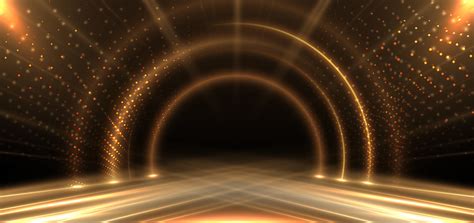 Elegant golden stage circle glowing with lighting effect sparkle on black background. Template ...