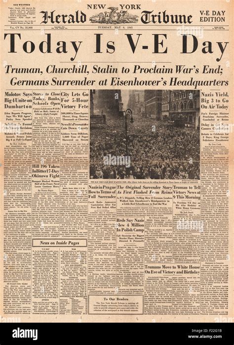 1945 New York Herald Tribune front page reporting VE Day Stock Photo ...