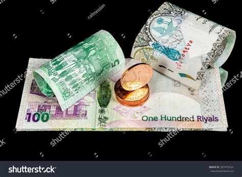 Qatar Currencies And Coins On Black Background. Hundred Riyal, Five ...