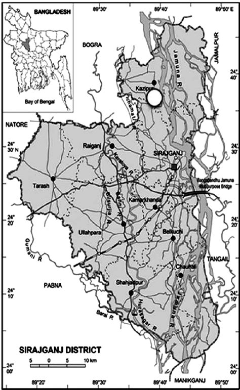 Map of the Sirajganj district. Circle indicating the study area ...