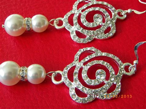 Jewelry and Accessories: white pearl earrings, bridal crystal pearl flower earrings, rhinestone ...