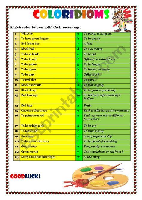 Colour idioms - ESL worksheet by busy teacher