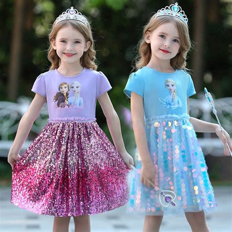 Frozen 2 Girls Dress for Kids Sequin Lace Birthday Party Wedding Dress Princess Elsa Anna Baby ...