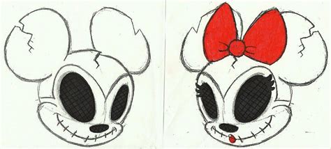 two drawings of mickey mouse's faces, one with a red bow on its head