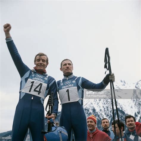 French alpine skiers Jean-Claude Killy and Guy Perillat celebrate ...