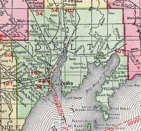 Delta County, Michigan, 1911, Map, Rand McNally, Escanaba, Gladstone, Rapid River