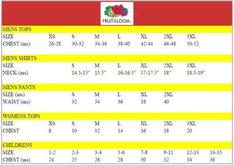 Fruit Of The Loom Size Chart: A Visual Reference of Charts | Chart Master