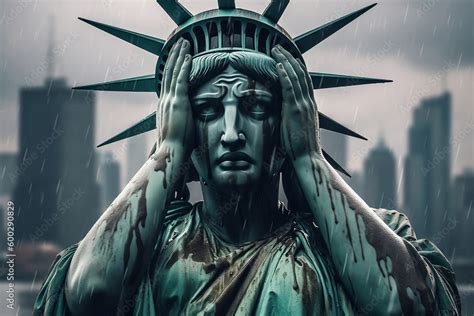 Statue of liberty crying with her hands covering her face, raining ...