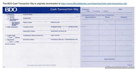 Download BDO Cash Transaction Slip (Ready to Print) | Slip, Cash, Cash card