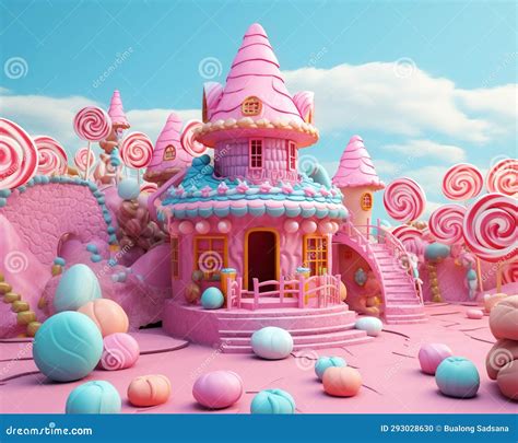 In a Candyland Generative Fantasy of a Small Pastel Colored Candyhouse, There is Turquoise and ...