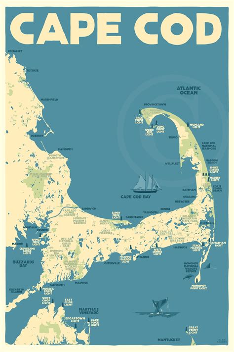 Cape Cod Map Art Print 24" x 36" Travel Poster By Alan Claude - Massac - Alan Claude Gallery