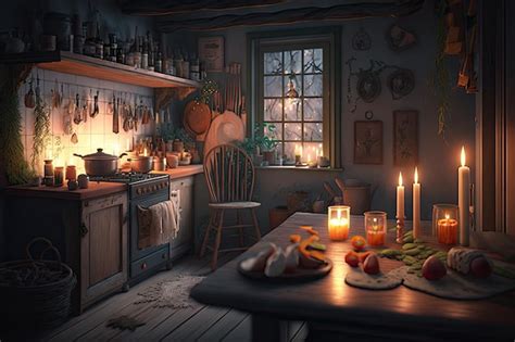 Premium AI Image | Cozy kitchen with candles warm light and cozy ...