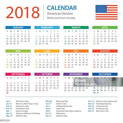 Calendar 2018 American Version With Holidays Stock Illustration - Download Image Now - iStock