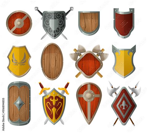 Cartoon medieval shield. Old castle decor, armor with crossed swords ...