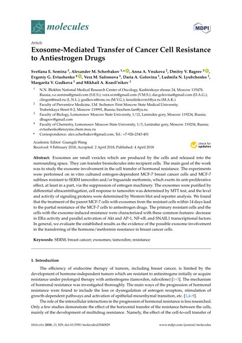 (PDF) Exosome-Mediated Transfer of Cancer Cell Resistance to Antiestrogen Drugs