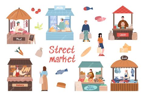 Premium Vector | Street market set with local farmers cartoon vector ...