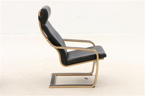 Ikea "Poang" Leather Lounge Chair with Ottoman in Black | EBTH