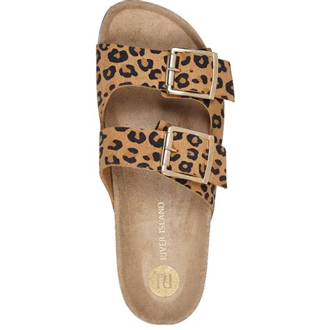 River island Brown Leopard Print Double Strap Sandals in Animal (brown) | Lyst