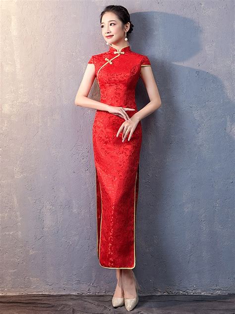 Red Woven Floral Long Qipao / Cheongsam Wedding Dress - CozyLadyWear