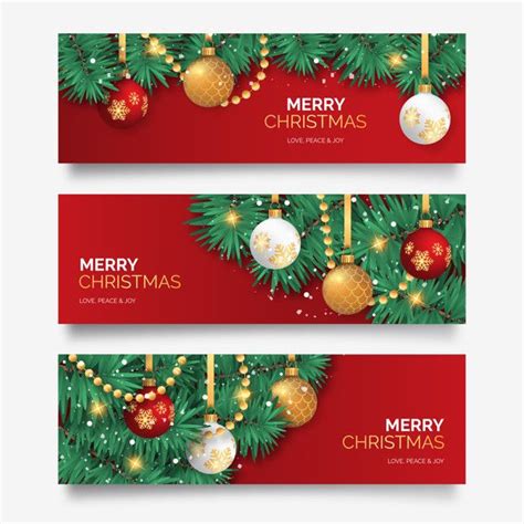 two christmas banners with baubles and balls hanging from the branches on red background