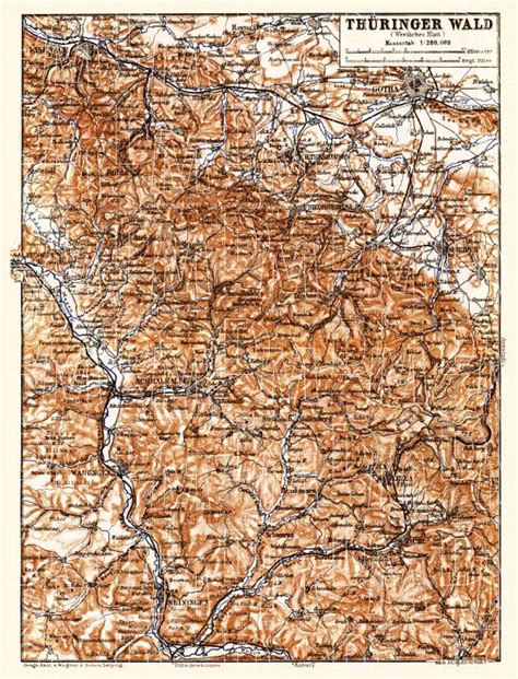 Old map of West Thuringian Forest in 1887. Buy vintage map replica poster print or download picture