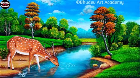 How To Draw Deer With Forest Scenery|Deer Painting With Earthwatercolor ...