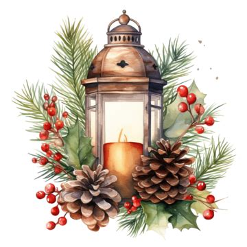 Watercolor Christmas Lantern With Candles, Pinecone And Holly, Candle, Pinecone PNG Transparent ...