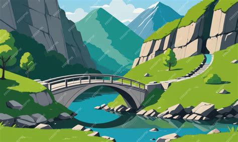 Premium AI Image | Stone bridge and rock mountain with river cartoon background green grass