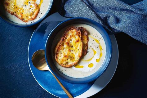 Manu Feildel's garlic and potato soup with mozzarella and mustard toasts | Recipe | Potato soup ...