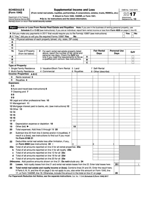 Fillable Schedule E (Form 1040) - Supplemental Income And Loss - 2017 ...