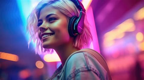 Premium AI Image | candid shot of an excited young scandinavian woman party with headphones ...
