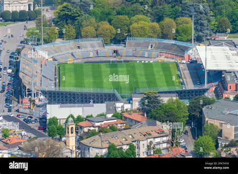 Aerial city detail of Como. here the football stadium on the lake ...