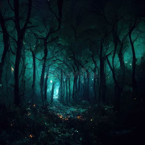 Realistic Haunted Forest Creepy Landscape at Night. Fantasy Halloween Forest Background. Digital ...