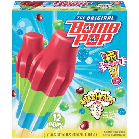 Bomb Pop (The Original) Warheads Ice Pops Flavors of Black Cherry, Green Apple and Blue ...