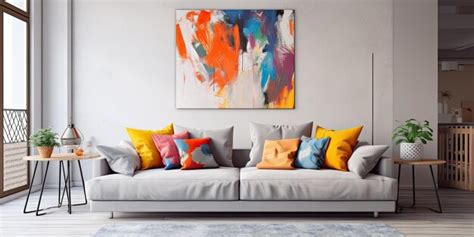 Premium Photo | Chic living room with grey couch and colorful pillows