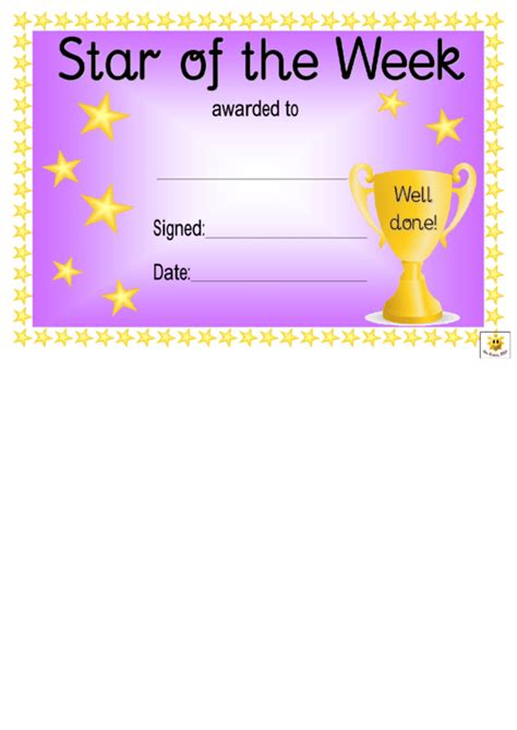 star of the week award certificate with a gold trophy and stars around it on a purple background