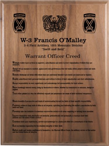 Warrant Officer Creed Walnut Plaque Army "Creed" Retirement Plaques