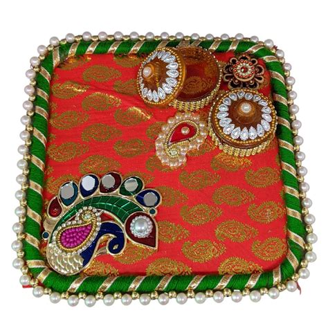 Moti work decorated puja thali online for puja return gifts.