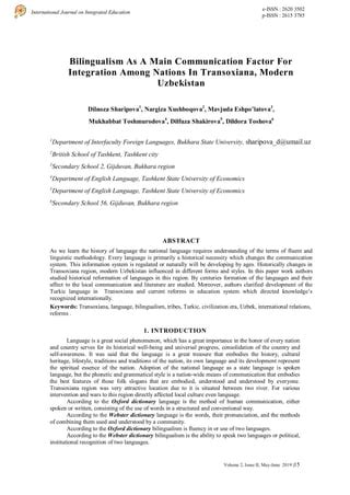 Bilingualism As A Main Communication Factor For Integration Among Nations In Transoxiana, Modern ...