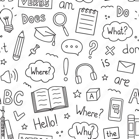 Seamless pattern of learning English doodle. Language school in sketch ...