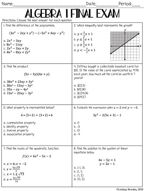 Algebra 1 Final Exam with Study Guide (Editable) - Lindsay Bowden