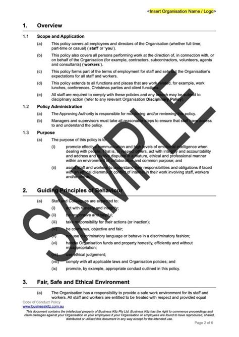 Australian Code Of Conduct Template - Business And Employee