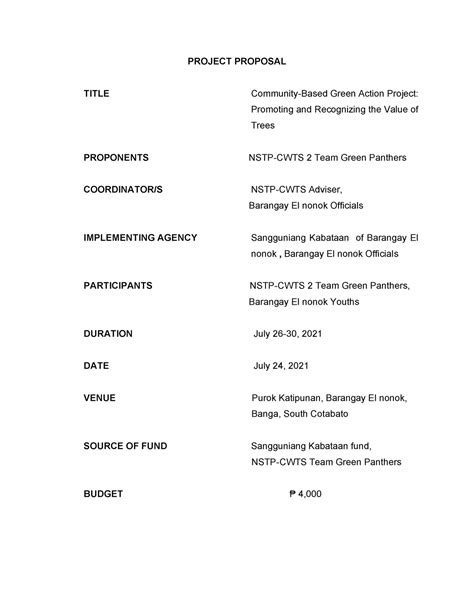 NSTP-CWTS Project Proposal - PROJECT PROPOSAL TITLE Community-Based Green Action Project ...