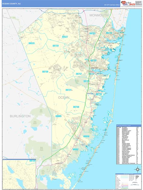 Ocean County, NJ Zip Code Wall Map Basic Style by MarketMAPS