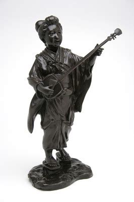 Vintage Seiya Saku Japanese Bronze Okimono Geisha w/ Shamisen Musician Figure | #424280287