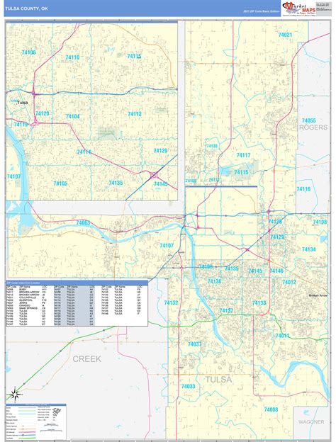 Tulsa County, OK Zip Code Wall Map Basic Style by MarketMAPS