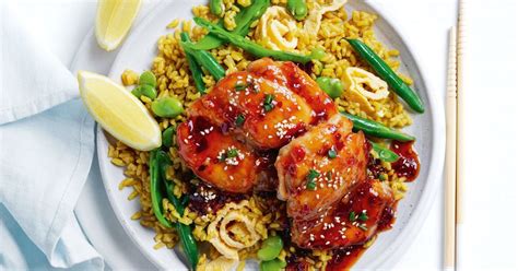 Sticky sesame chicken with mixed bean fried rice recipe