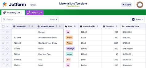 Material List Template | Jotform Tables