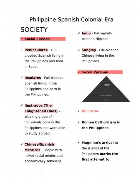 Philippine Spanish Colonial Era - Philippine Spanish Colonial Era SOCIETY Social Classes ü - Studocu